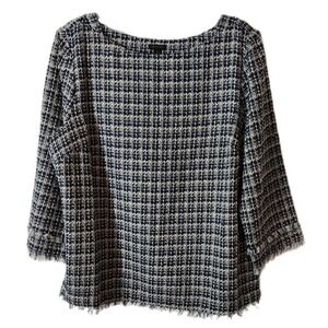 Ann Taylor Blouse Women's 14 Blue Tweed Plaid Fringe Boatneck Pullover Tunic